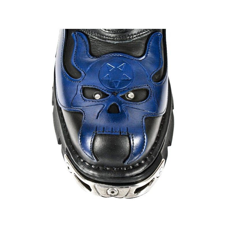 New Rock Unisex Black/Blue Leather Gothic Biker Skull Boots-107-C5 - Upperclass Fashions 