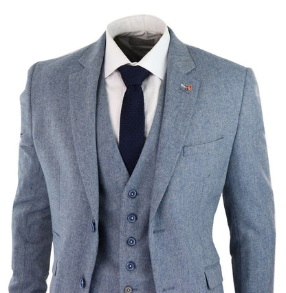 Mens 3 Piece Light Blue Tweed Tailored Fit Retro Classic Suit