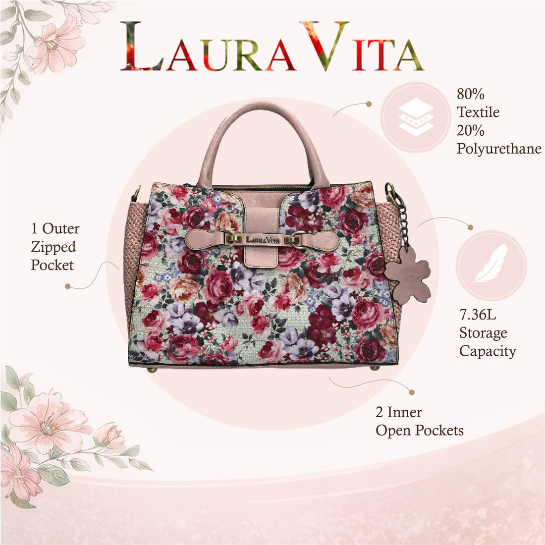 Laura Vita Ayna-02 Womens Rose Pink Floral Print Adjustable Straps Shoulder Tote Handbag