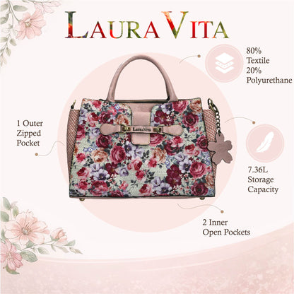 Laura Vita Ayna-02 Womens Rose Pink Floral Print Adjustable Straps Shoulder Tote Handbag