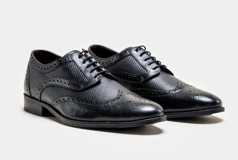 Mens Classic Oxford Brogue Shoes in Patterned Black Leather