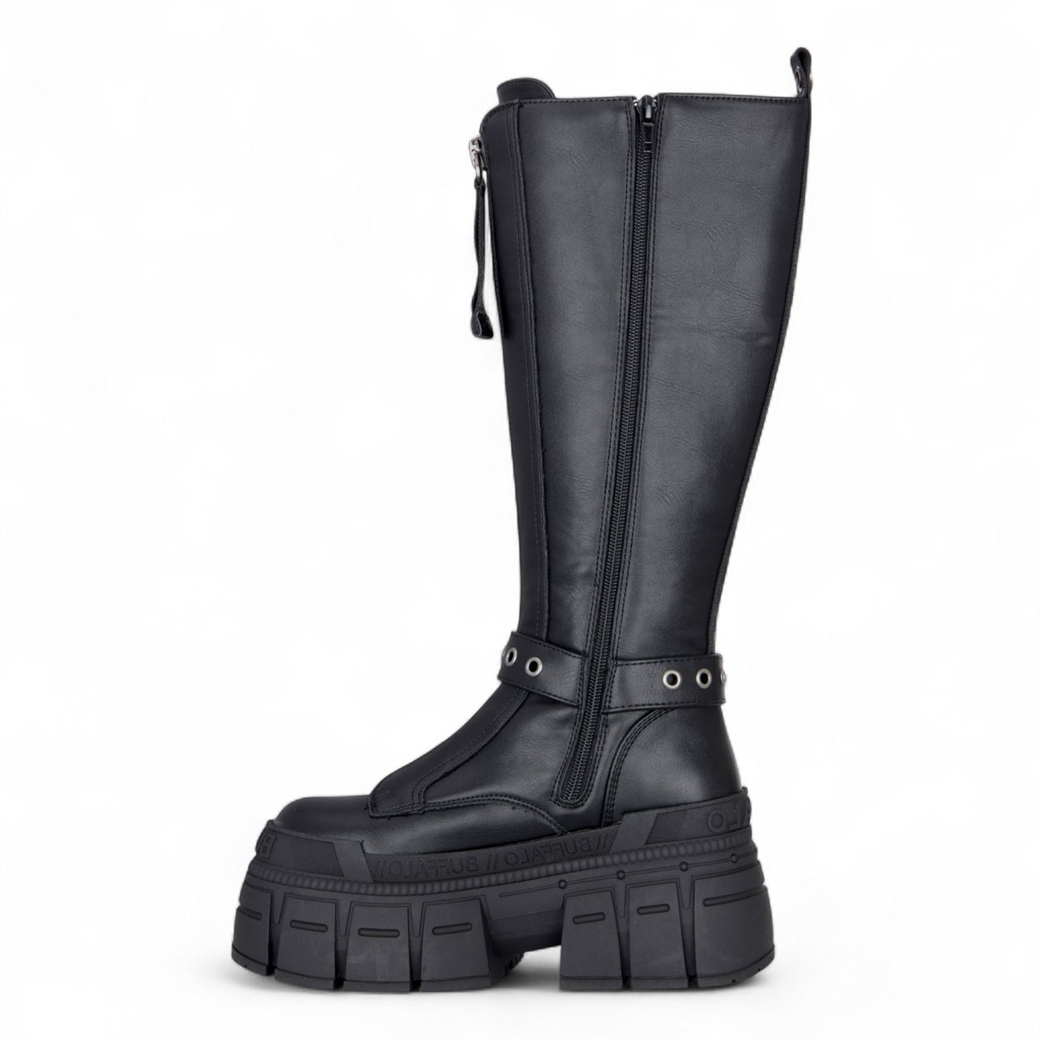 Buffalo Womens Biker Knee High Black Chunky Goth Platform Boots - Gospher Hi