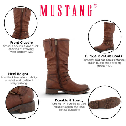 Womens Cognac Brown Faux Leather Mid-Calf Slouch Riding Boots - M0052003