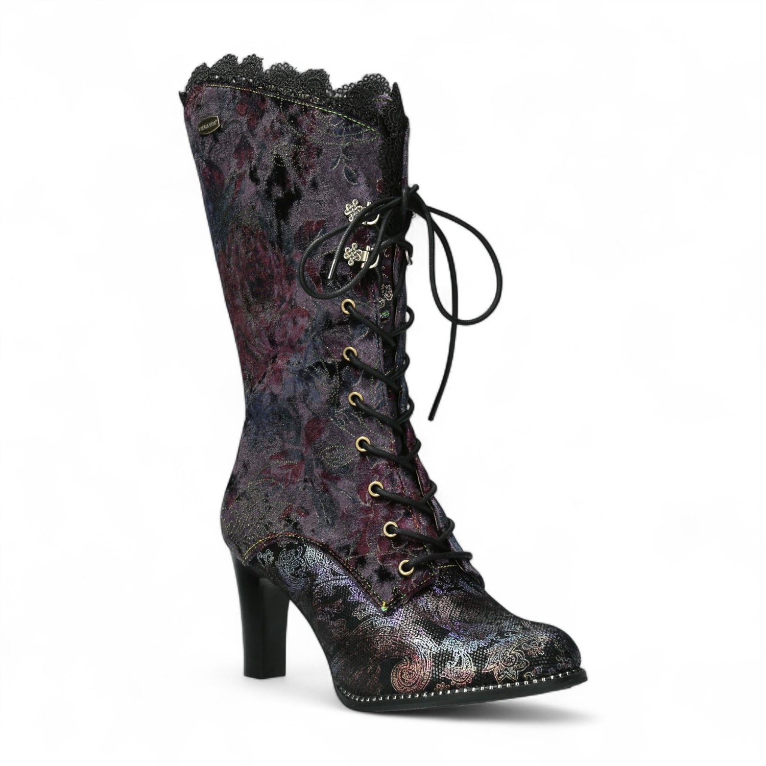 Laura Vita Alcbane 0351 Violet Floral Womens Gothic Victorian Leather Heeled High Boots