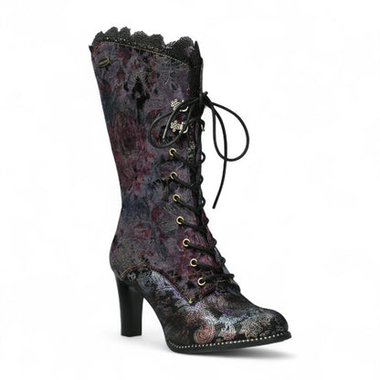 Laura Vita Alcbane 0351 Violet Floral Womens Gothic Victorian Leather Heeled High Boots