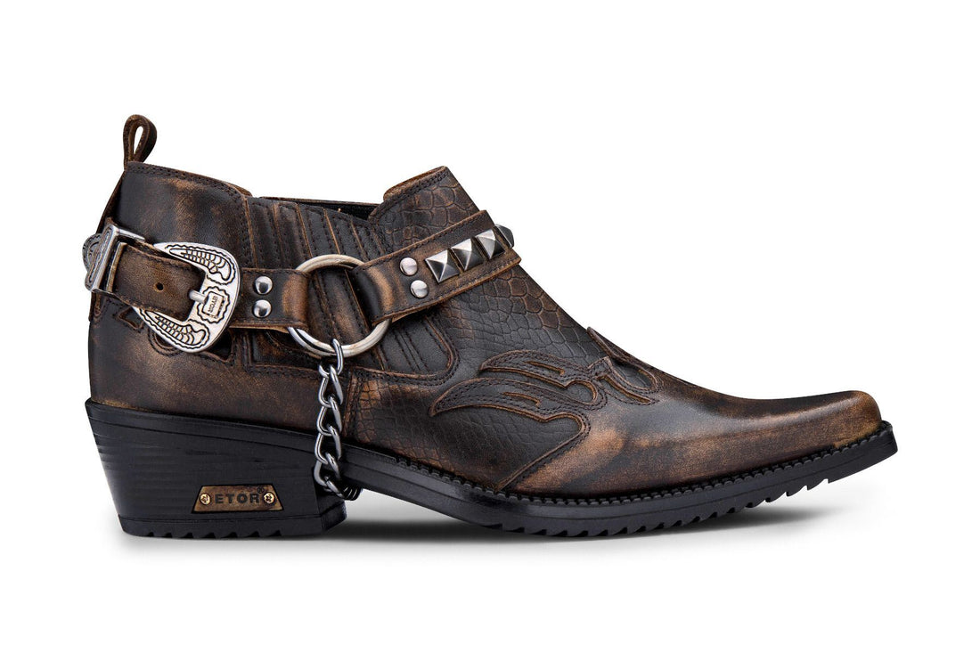 Mens Brown Croc Leather Winklepicker Studded Western Biker Boots - Upperclass Fashions 