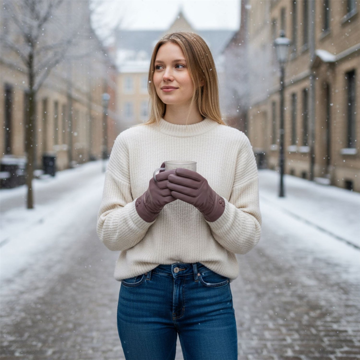 Womens Italian Leather Winter Button Design Soft Wool Lining Gloves - L-GLV-501