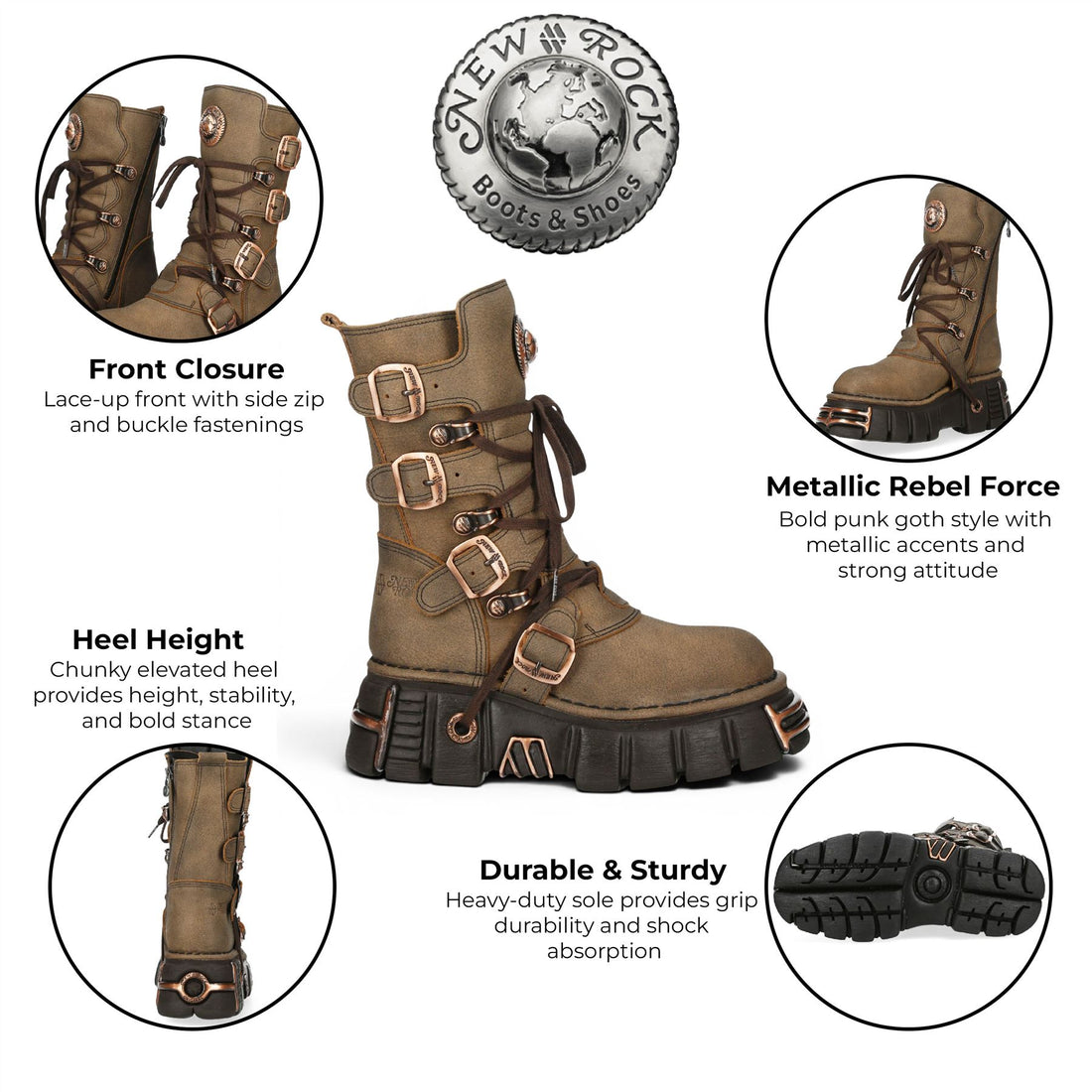 New Rock Brown Leather Gothic Mid-Calf Biker Boots - M-373XL-C120