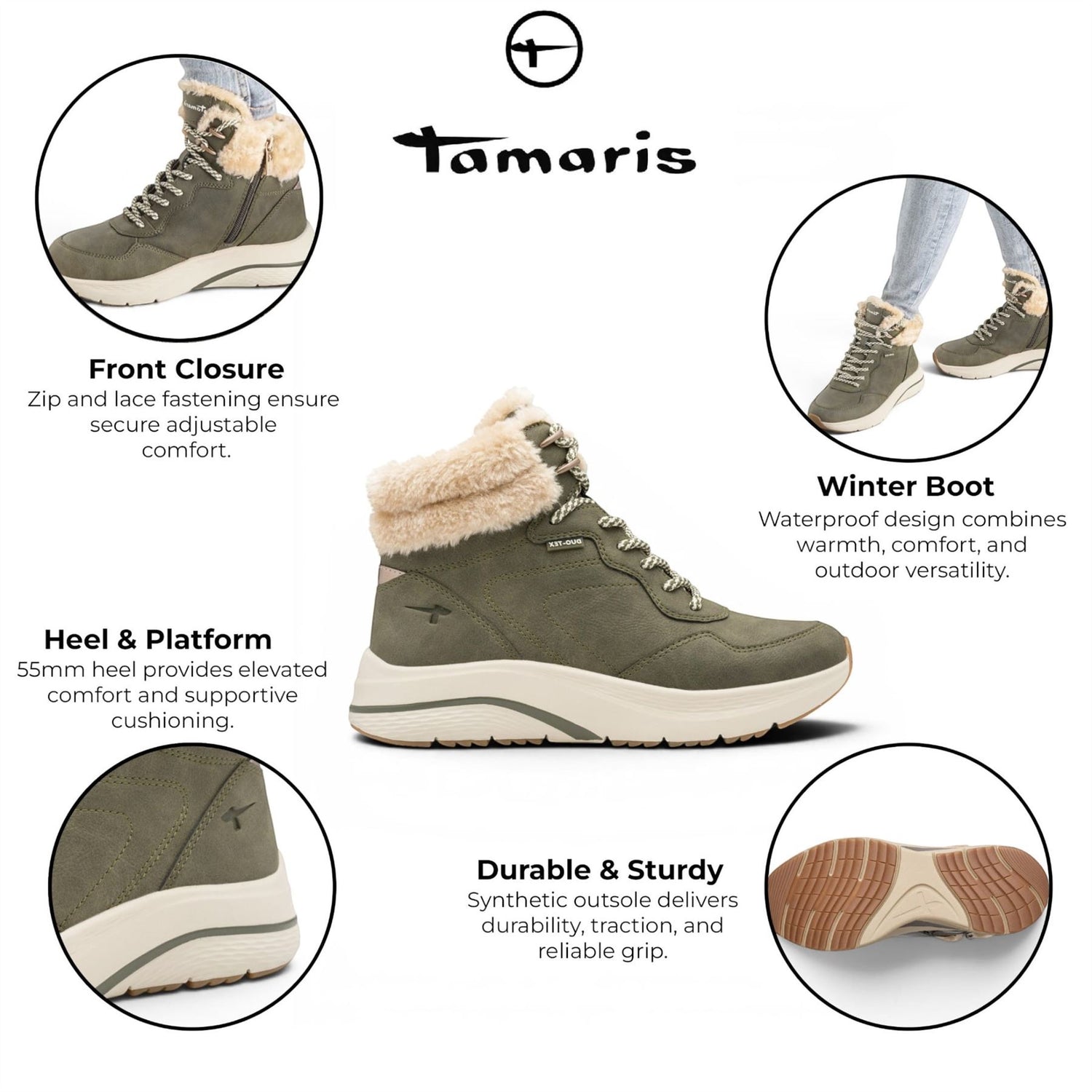 Tamaris Women’s Green Warm Winter Waterproof Lace-up Ankle Boots - 26278-45