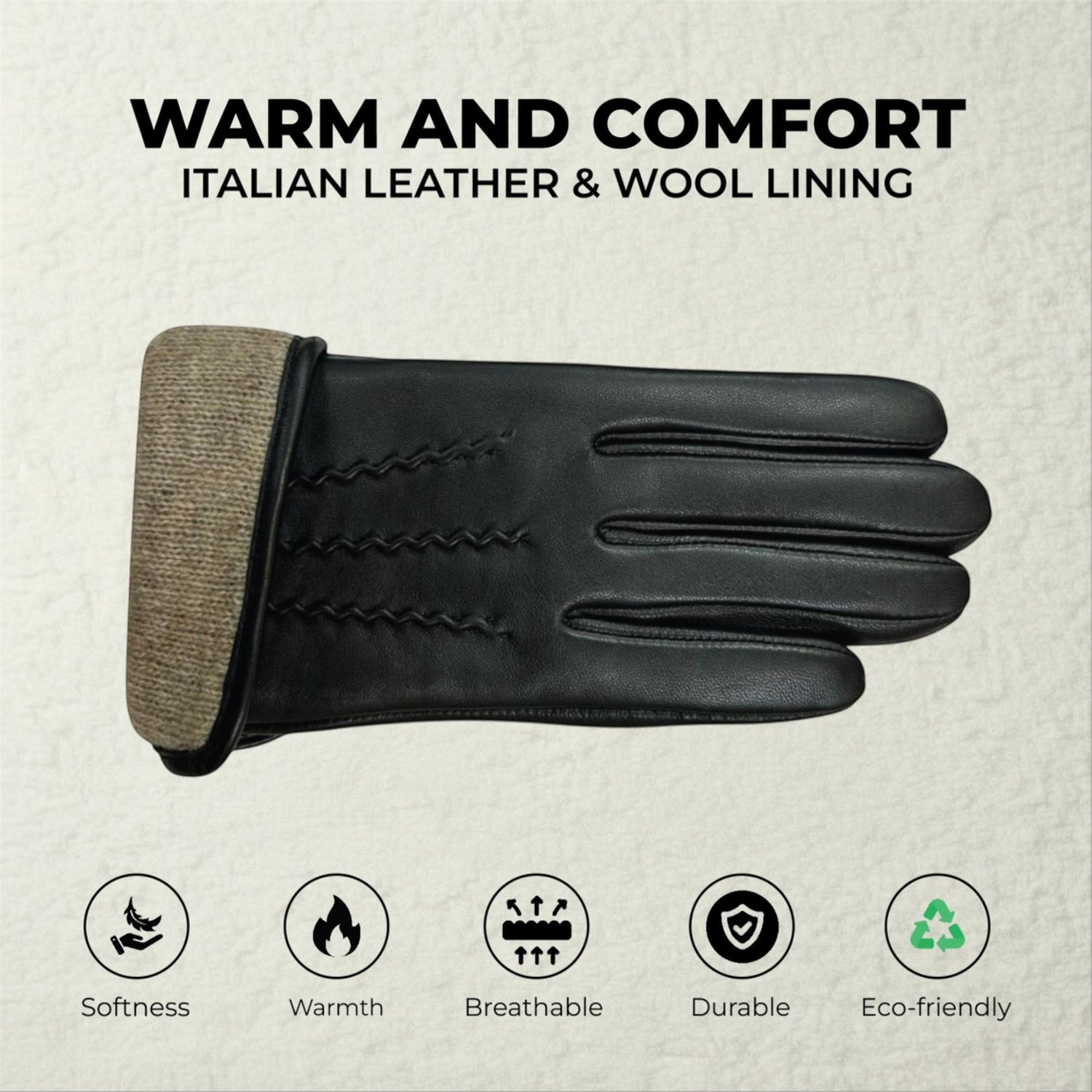 Womens Italian Leather Winter Stitch Line Design Soft Wool Lining Gloves