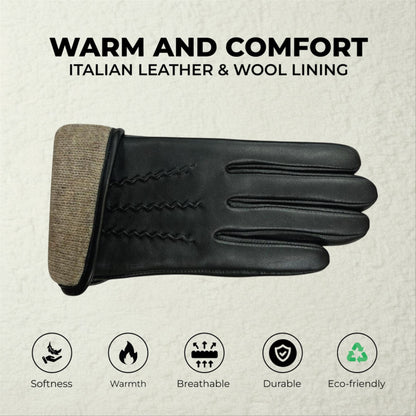 Womens Italian Leather Winter Stitch Line Design Soft Wool Lining Gloves
