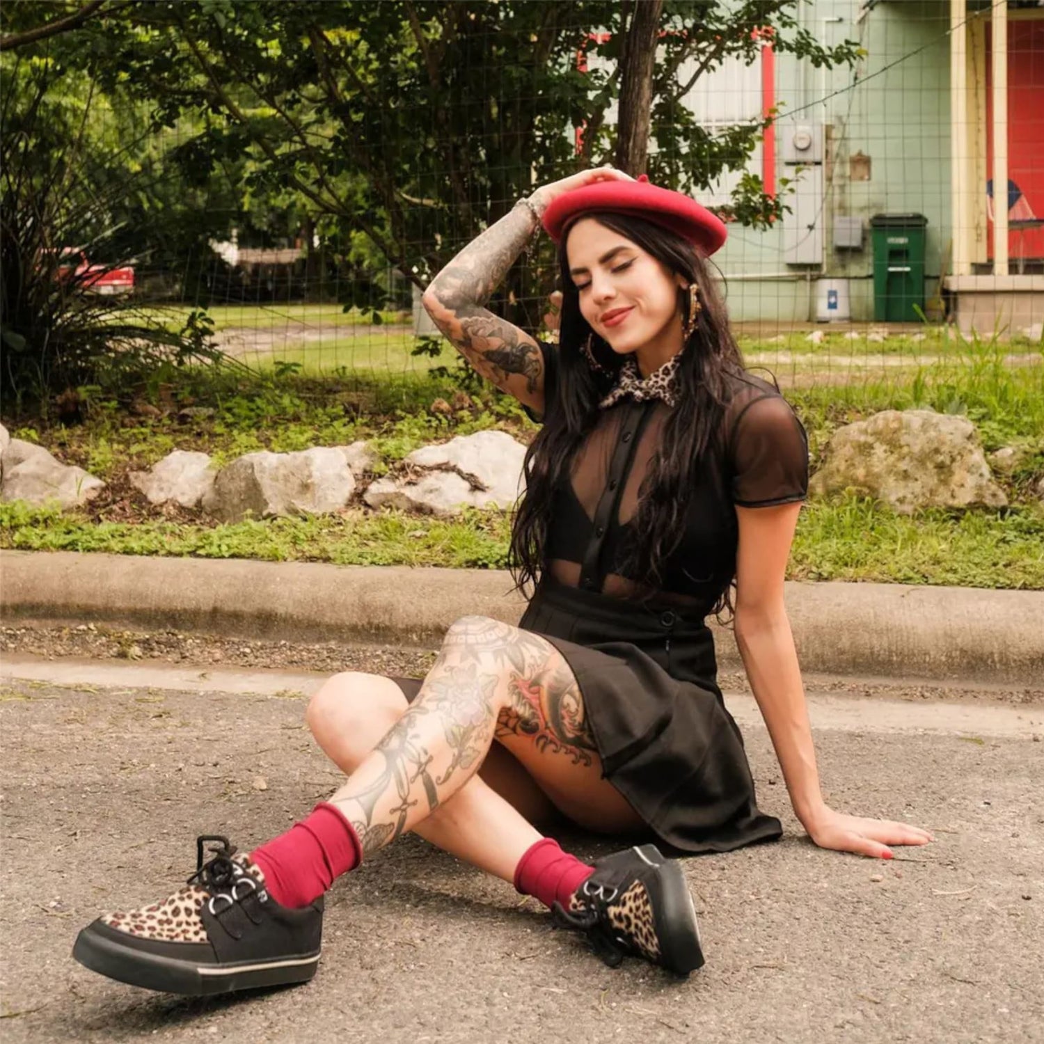 TUK Pointed Creeper Sneaker Black Leopard Canvas Platform Shoes - A9180