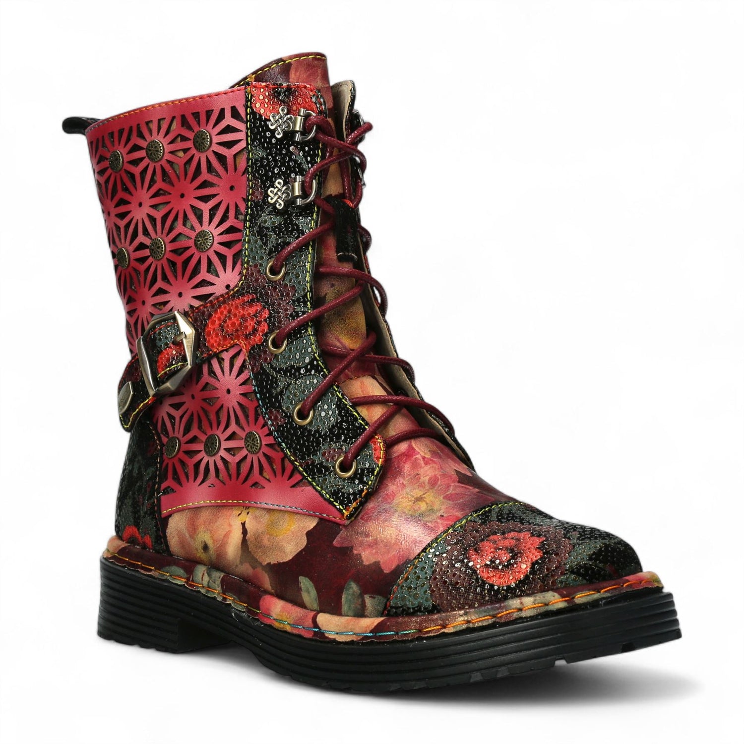 Laura Vita Incaso 36 Red Floral Womens Gothic Victorian Leather Ankle High Boots