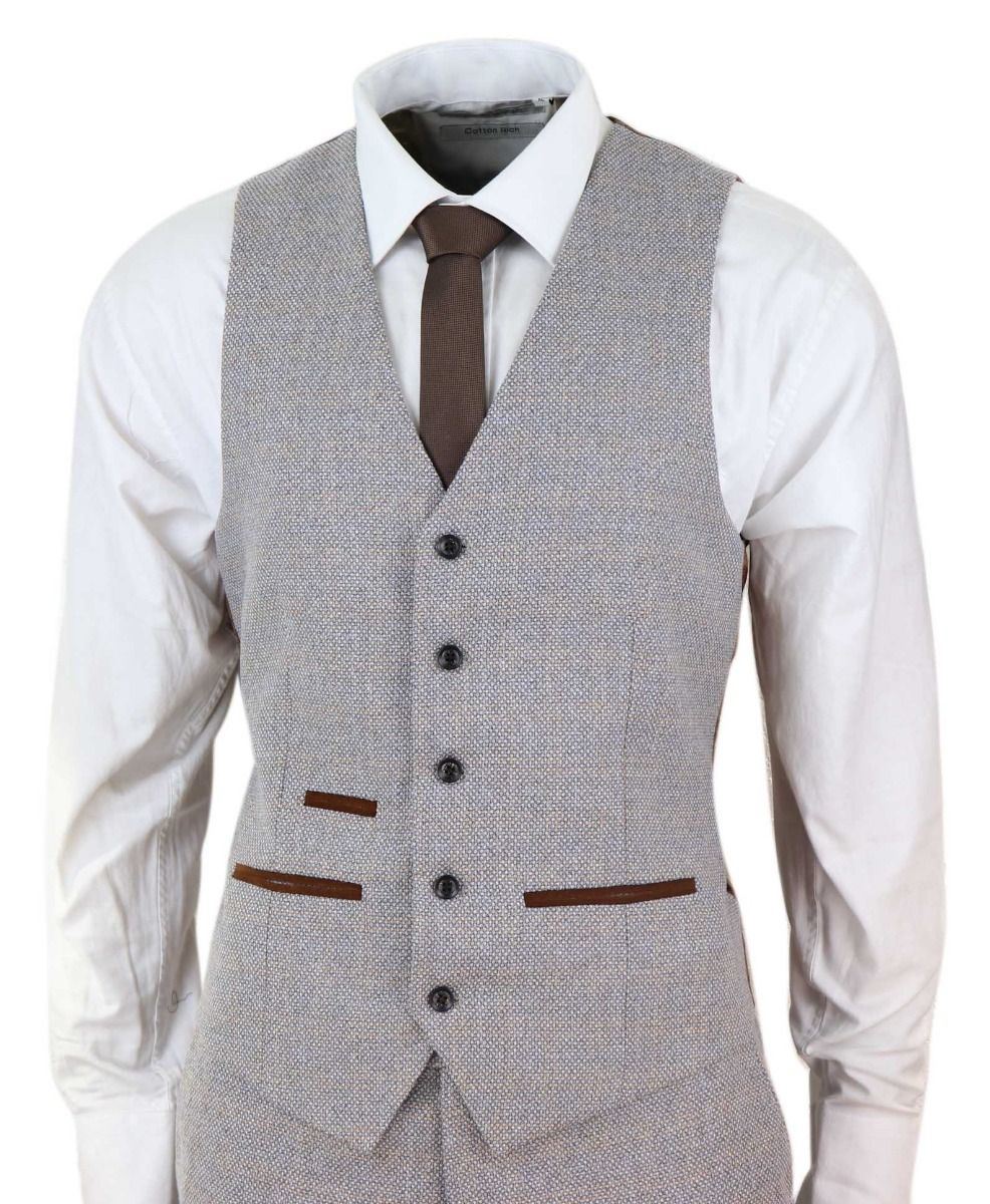 Mens 3 Piece Cream Tweed Check Vintage Retro Suit - Upperclass Fashions 