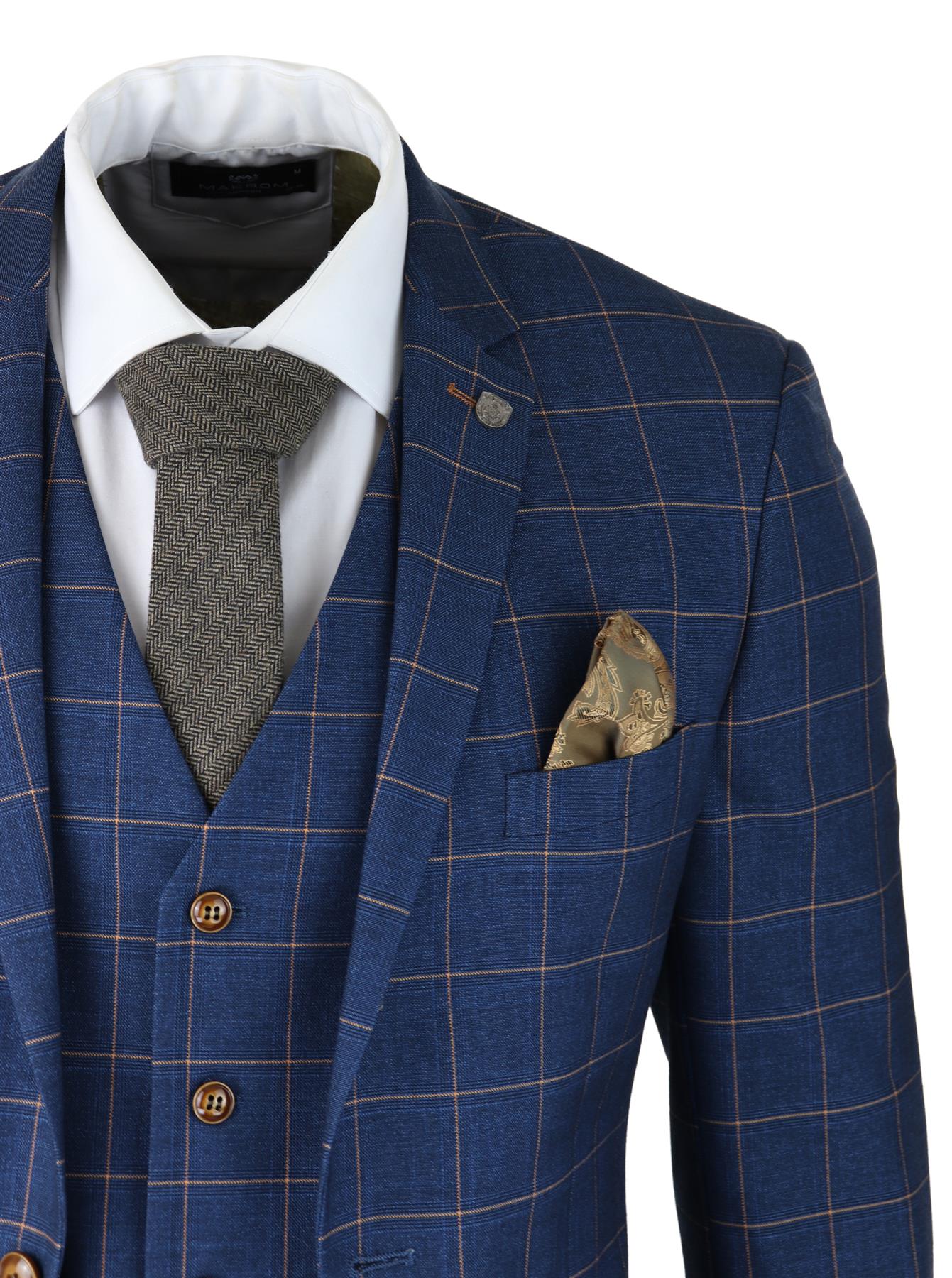 Mens 3 Piece Suit Blue Gold Check Peaky Blinders 1920 Gatsby Smart Vintage Suit - Upperclass Fashions 