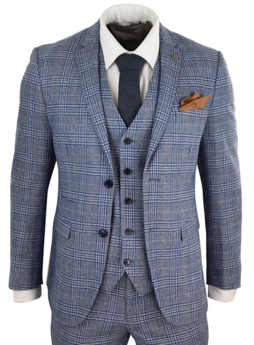 Mens 3 Piece Blue Grey Tweed Check Vintage Retro Suit
