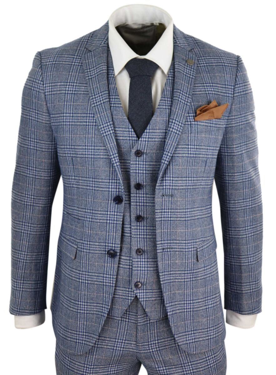 Mens 3 Piece Blue Grey Tweed Check Vintage Retro Suit - Upperclass Fashions 