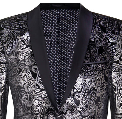 Mens Classic Silver Paisley Black Velvet Tuxedo Dinner Jacket Tailored Blazer