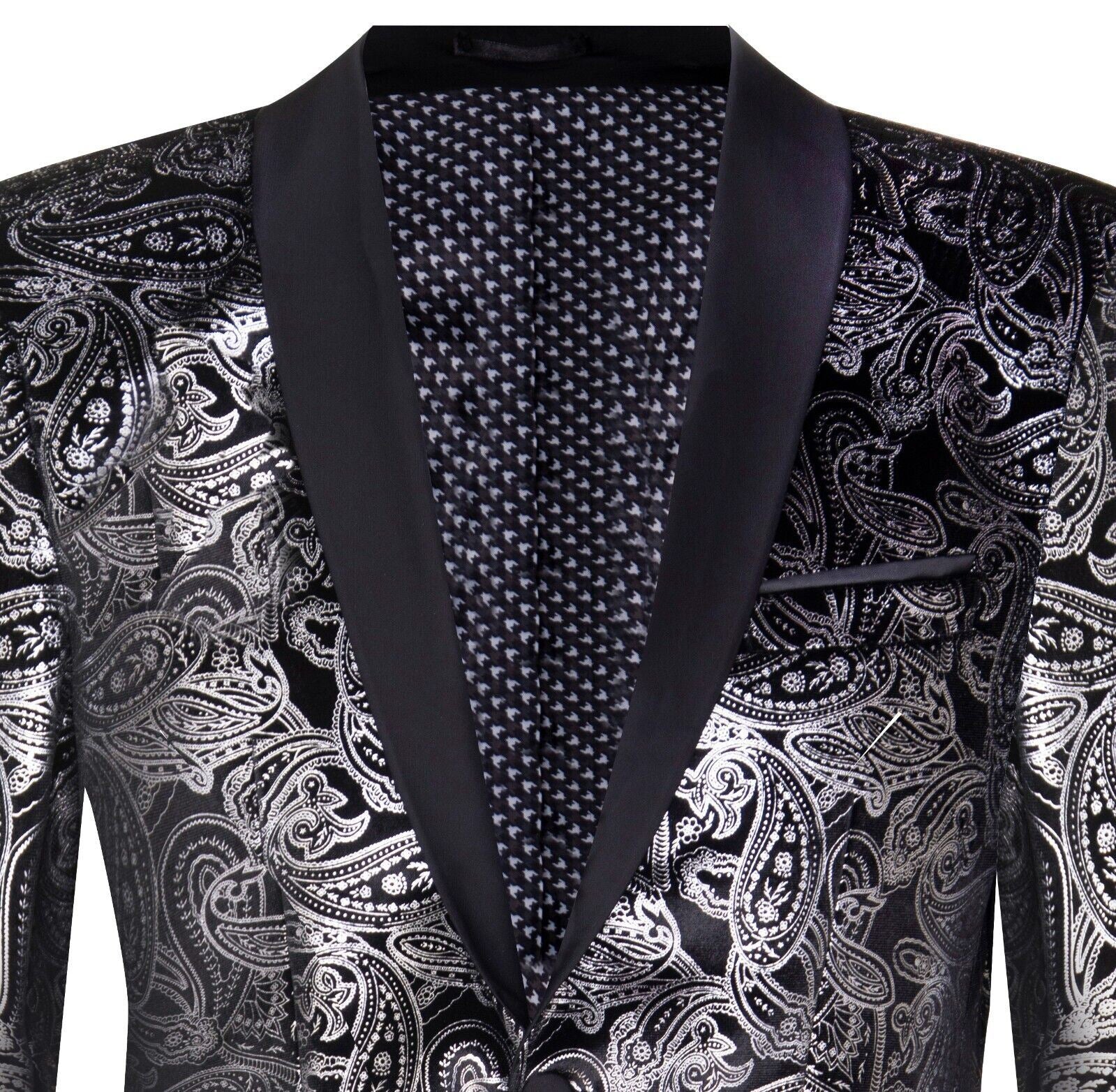 Mens Classic Silver Paisley Black Velvet Tuxedo Dinner Jacket Tailored Blazer - Upperclass Fashions 