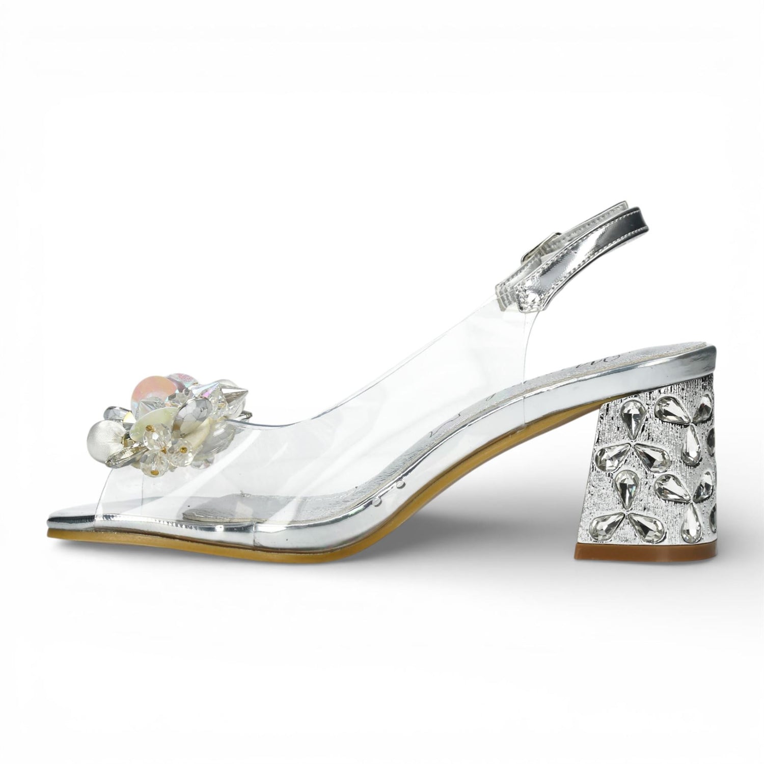 Laura Vita Women’s Clear Silver Slip-On Cinderella Block Heel Sandals - Marlene 12