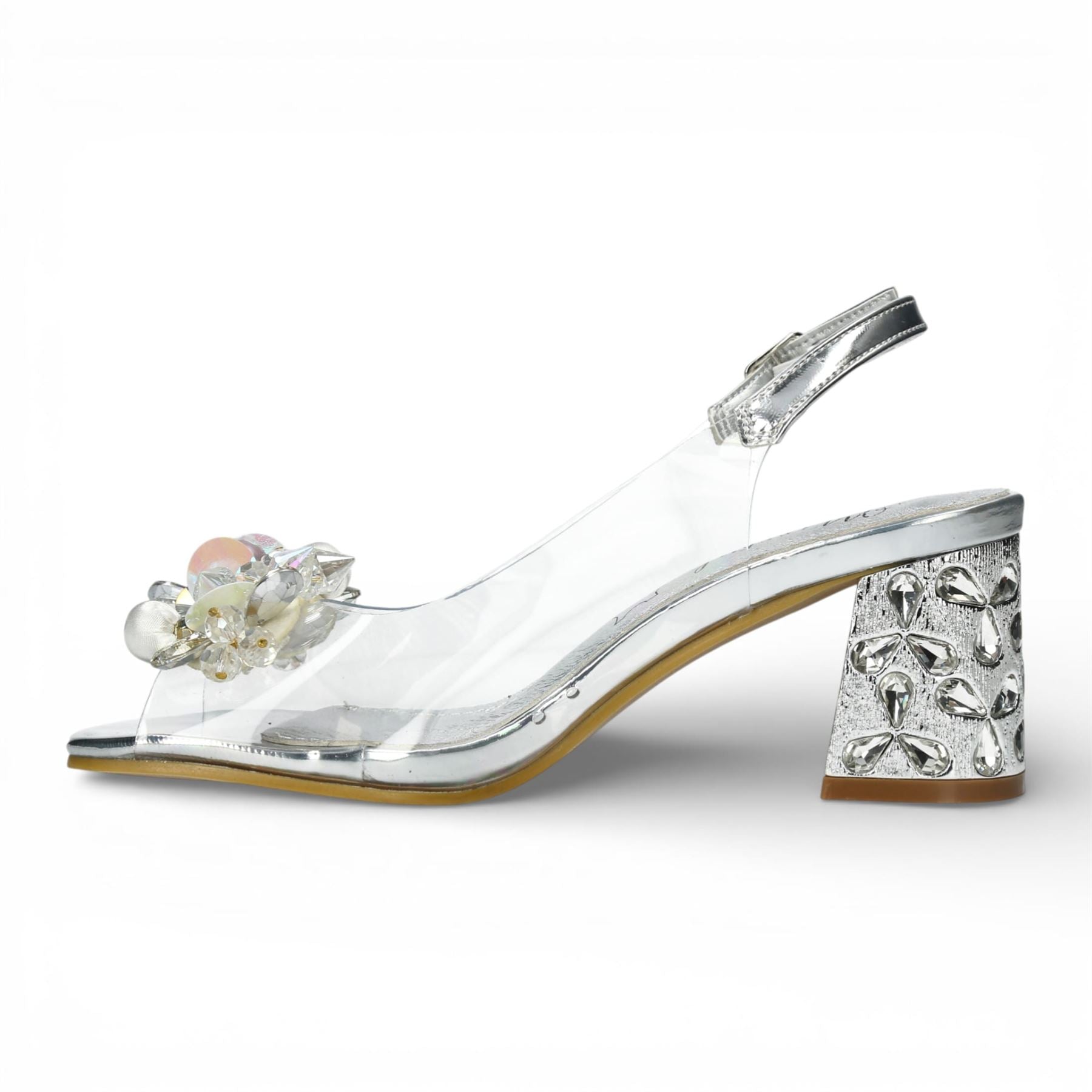 Laura Vita Women’s Clear Silver Slip-On Cinderella Block Heel Sandals - Marlene 12