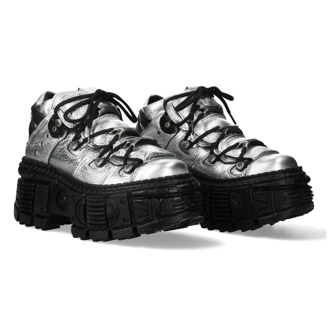 New Rock M-106WALL-C16 Metallic Silver Black Leather Gothic Ankle Boots