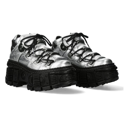 New Rock M-106WALL-C16 Metallic Silver Black Leather Gothic Ankle Boots