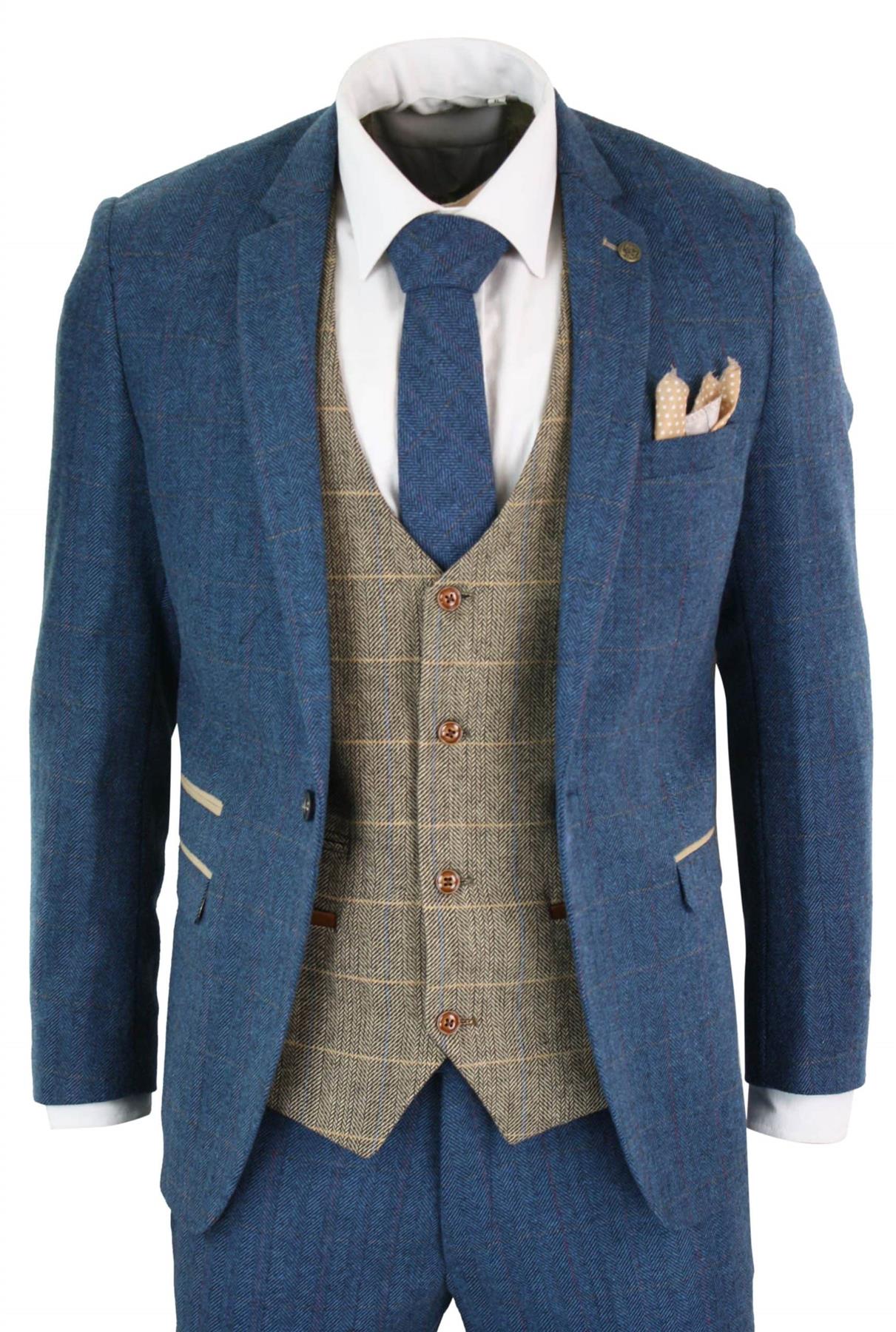 Mens 3 Piece Blue Tweed Vintage Suit