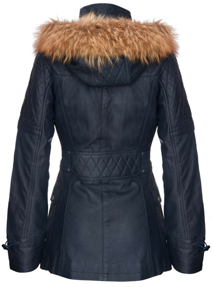 Womens Quilted Leather Hooded Parka Jacket-Northampton