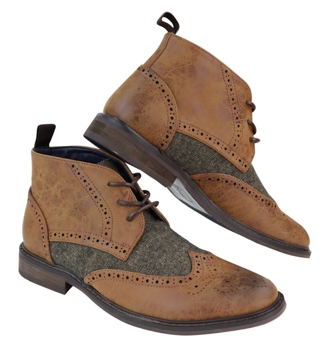 Mens Classic Tweed Oxford Brogue Ankle Boots in Tan Leather - Upperclass Fashions 