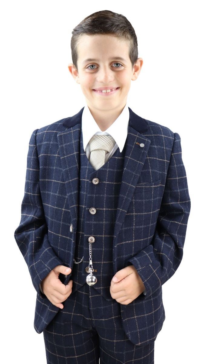 Boys 3 Piece Navy Blue Tweed Check Classic  Suit