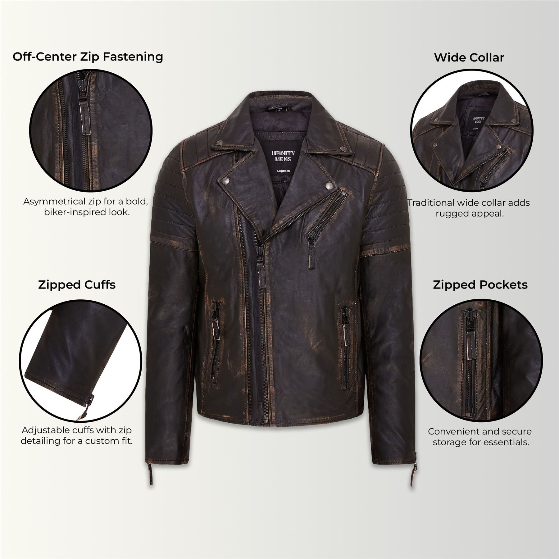 Mens Brando Double Cross Zip Leather Biker Jacket- Fagernes