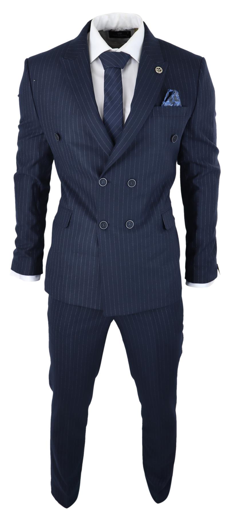 Mens Double Breasted Navy Blue Suit 2 Piece 1920s Pinstripe Peaky Blinders - Upperclass Fashions 