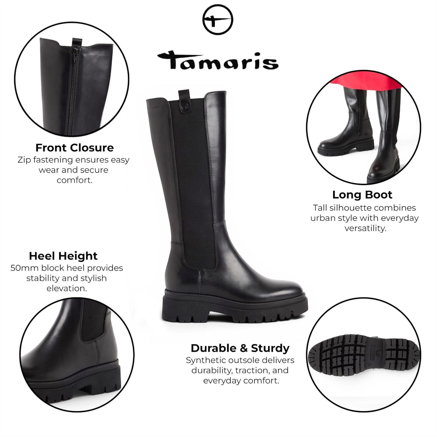 Tamaris Women’s Black Leather Knee High Platform Heel Long Boots - 25608-41
