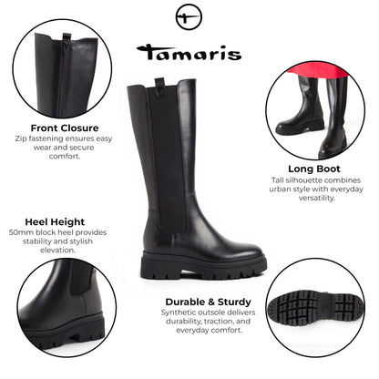 Tamaris Women’s Black Leather Knee High Platform Heel Long Boots - 25608-41