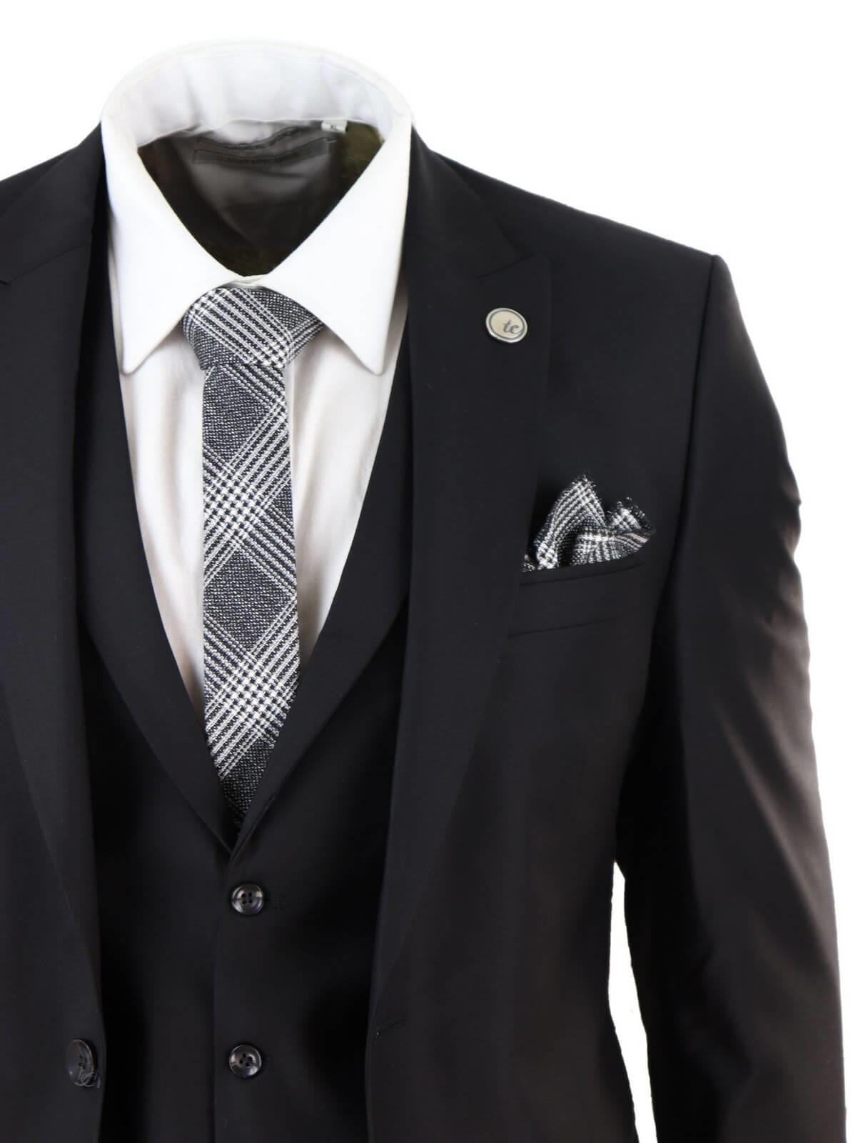 New Mens 3 Piece Suit Plain Black Classic Tailored Fit Smart Casual 1920s Formal