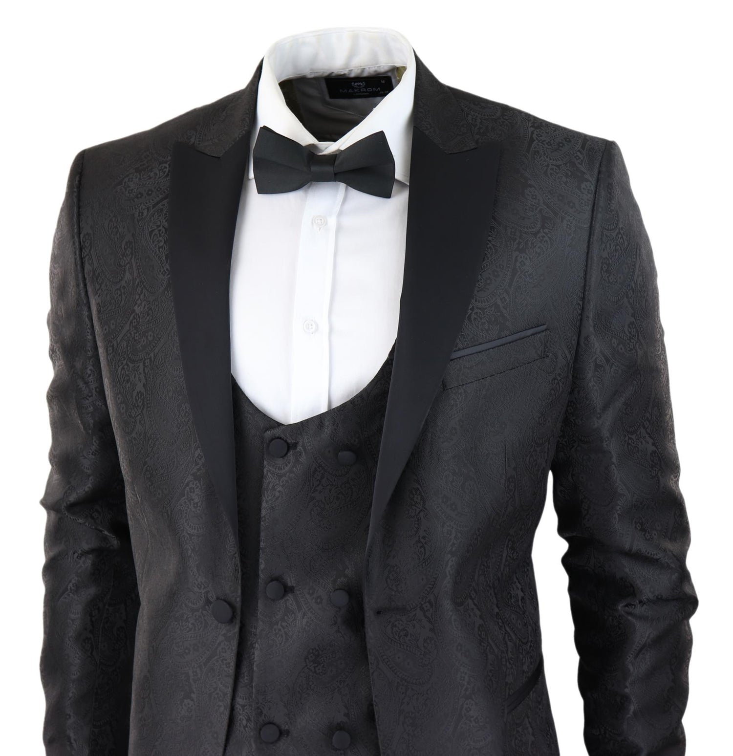 Mens Black Tuxedo Blazer Waistcoat Brocade Satin Paisley Formal Dinner Jacket