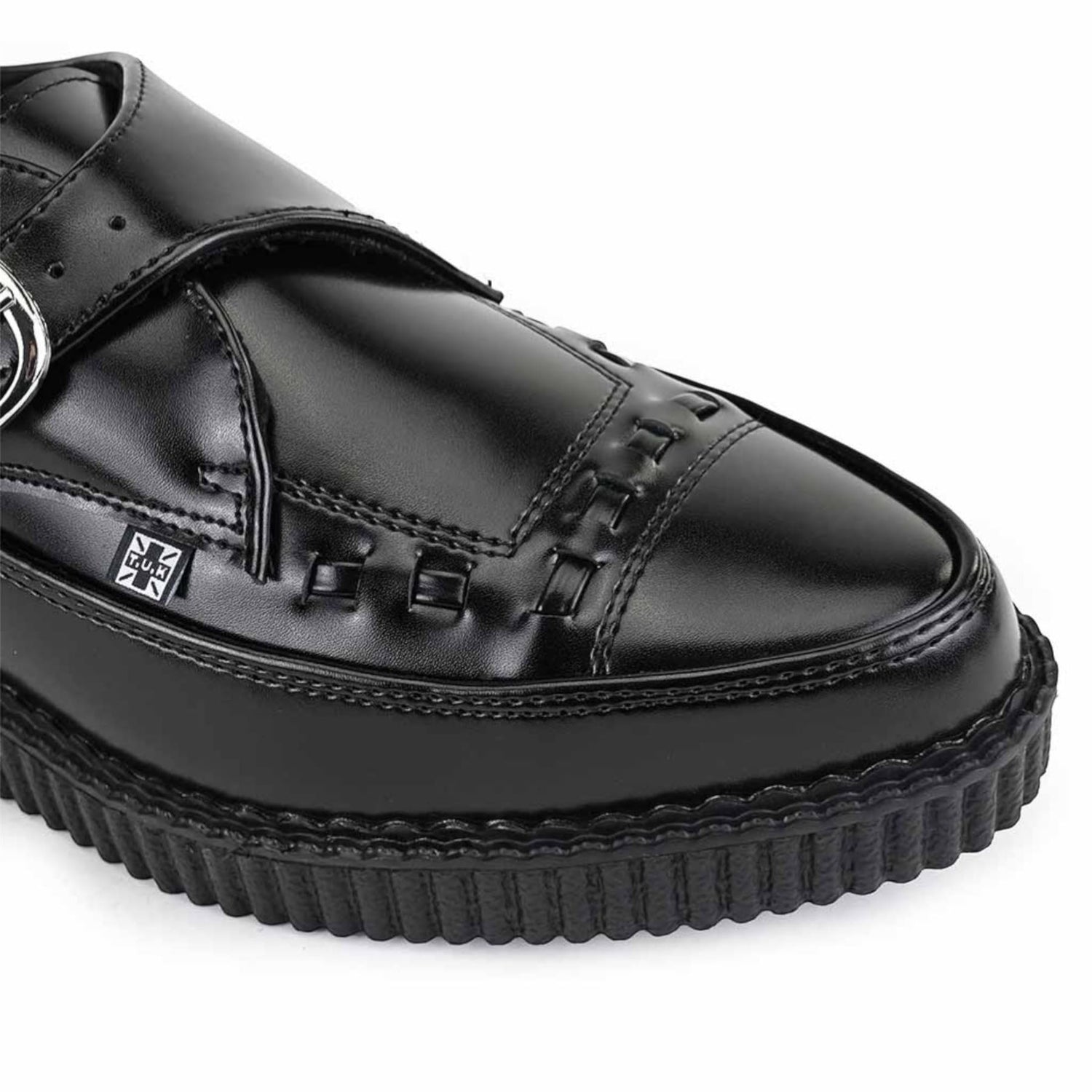 TUK Pointed Creeper Black Leather Monk Buckle Platform Shoes - A8520