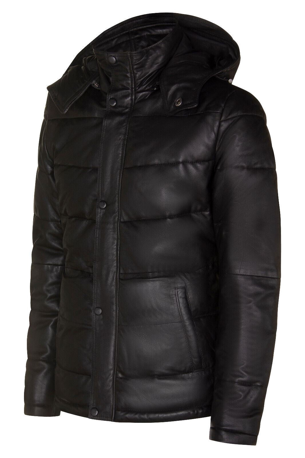 Mens Puffer Leather Hooded Bomber Jacket-Cramlington - Upperclass Fashions 