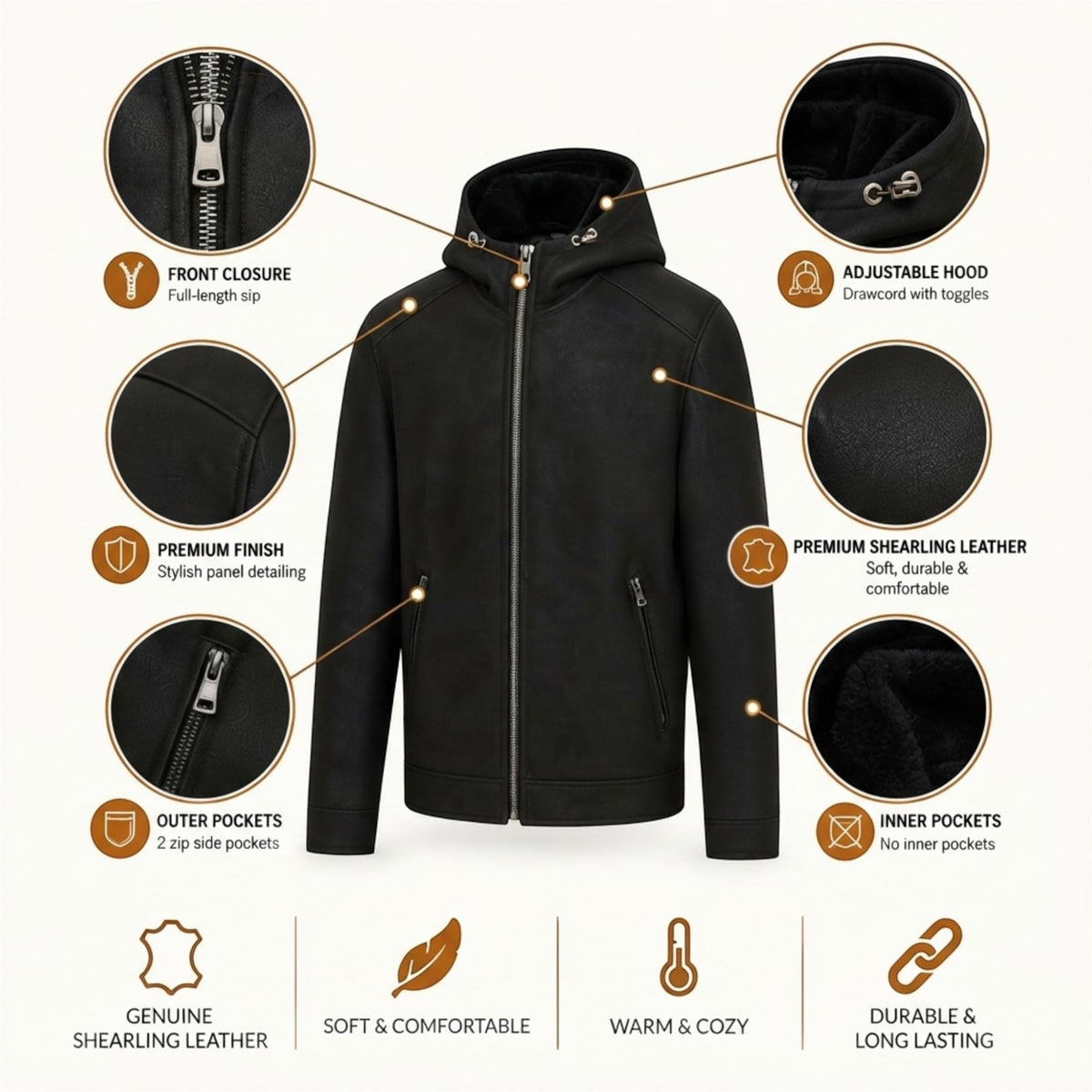 Mens Sheepksin Hooded Shearling Bomber Jacket - Benalla