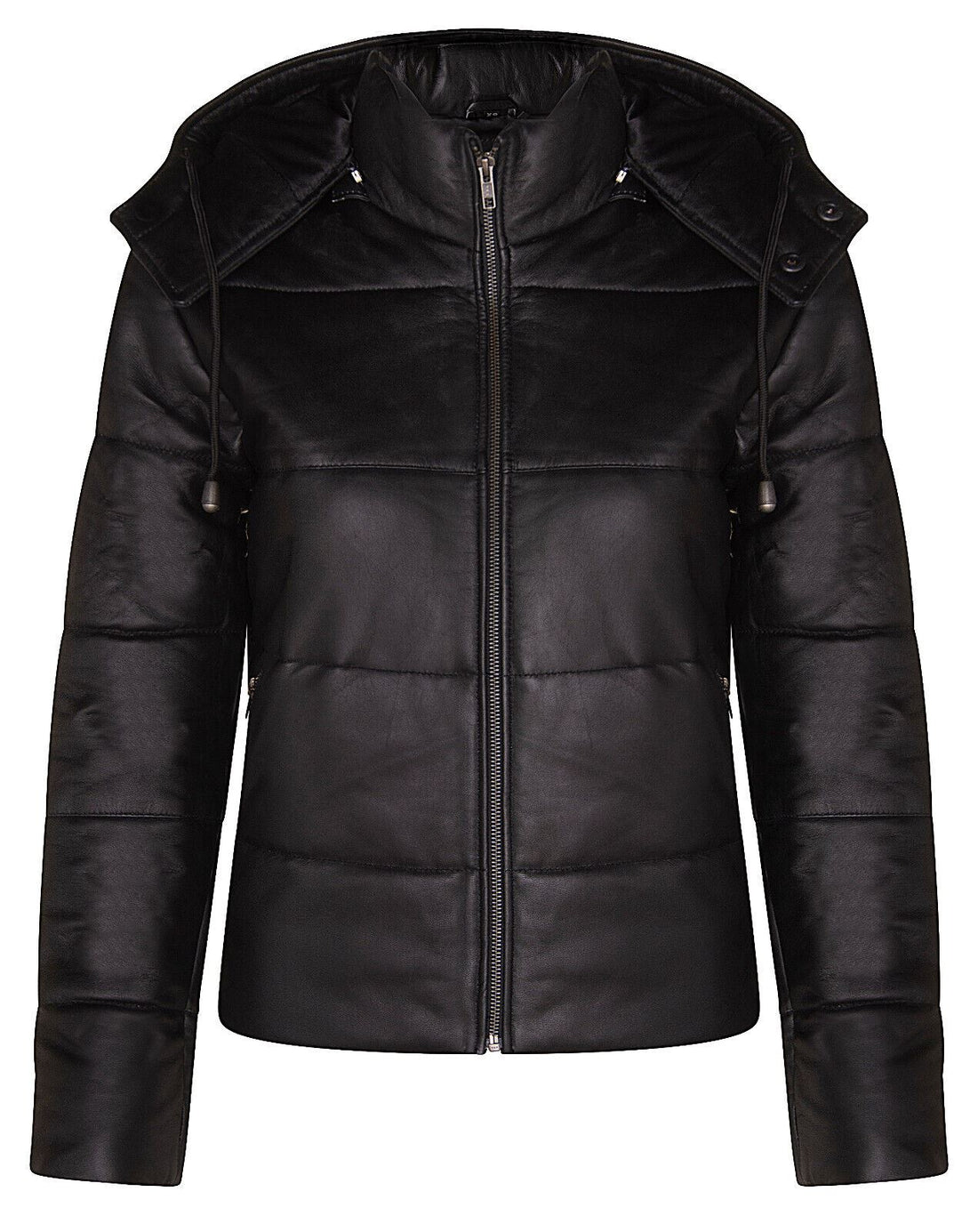 Womens Black Puffer Leather Bomber Jacket-Minehead