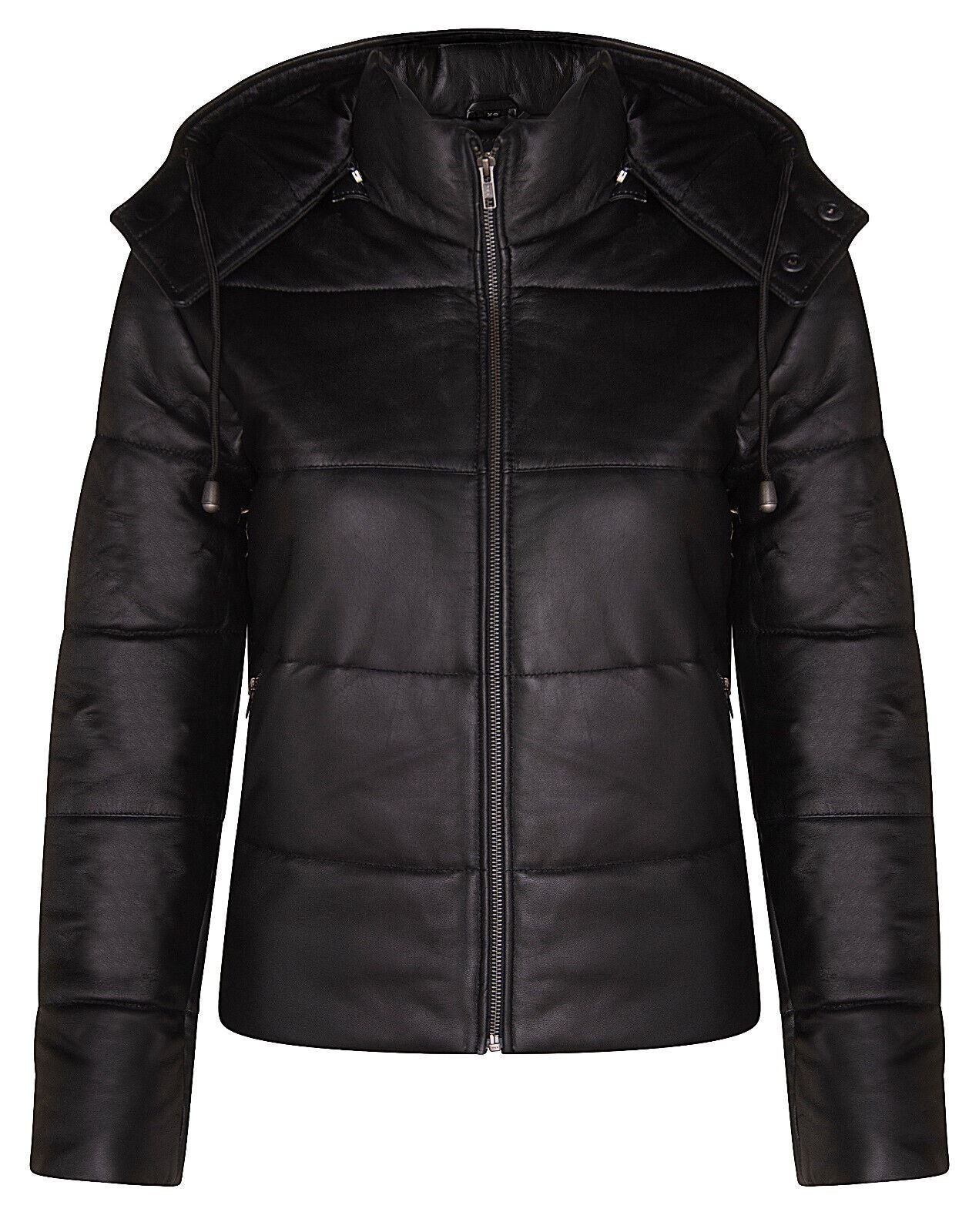 Womens Black Puffer Leather Bomber Jacket-Minehead - Upperclass Fashions 