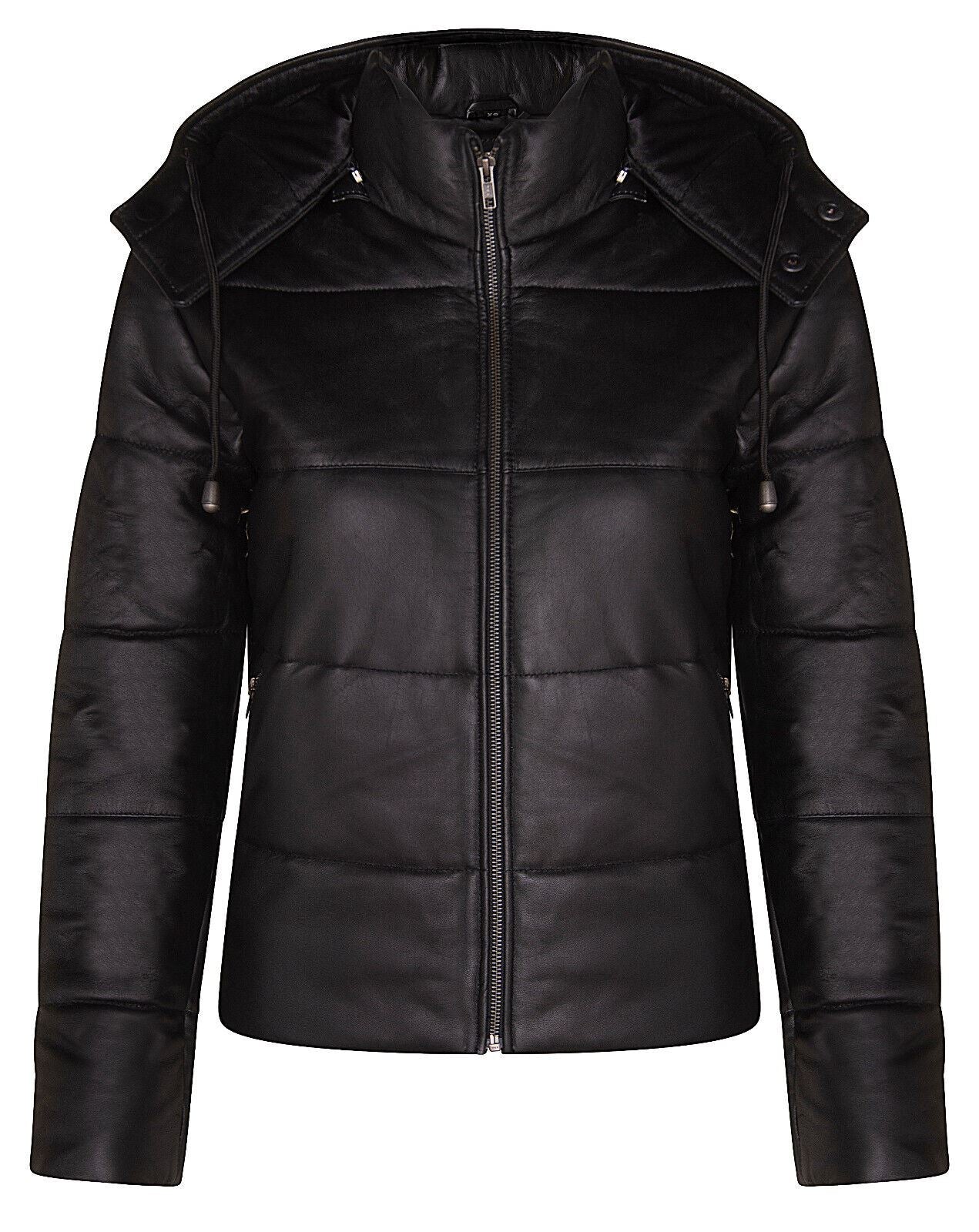 Womens Black Puffer Leather Bomber Jacket-Minehead