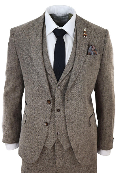 Mens Oak Brown 3 Piece Tweed Suit Vintage Harringbone 1920s Retro Peaky Blinders - Upperclass Fashions 