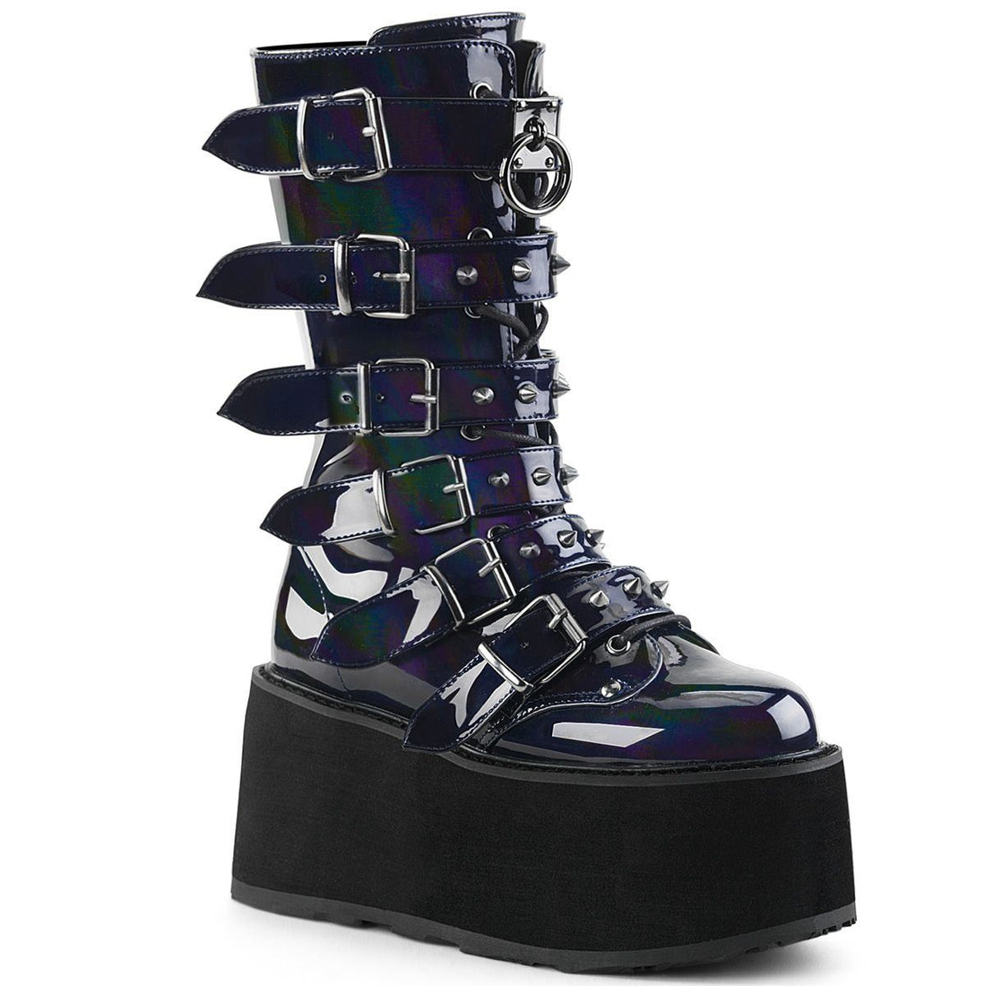 Demonia Damned 225 Black Holographic Mid Calf Platform Boots
