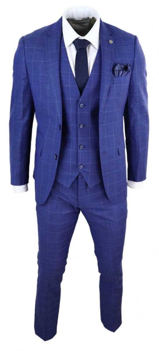 Mens 3 Piece Royal Blue Check Vintage Retro Suit - Upperclass Fashions 