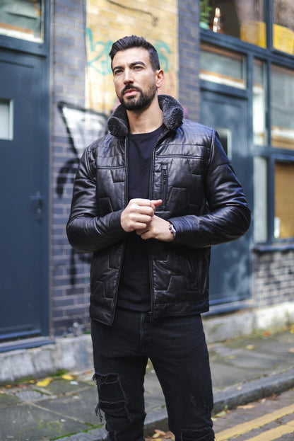 Mens Leather Quilted Puffer Biker Jacket - Thornton