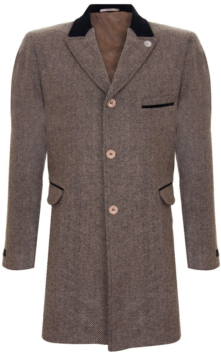 Mens 3/4 Brown Long Crombie Overcoat Jacket Herringbone Tweed Coat Peaky Blinder - Upperclass Fashions 