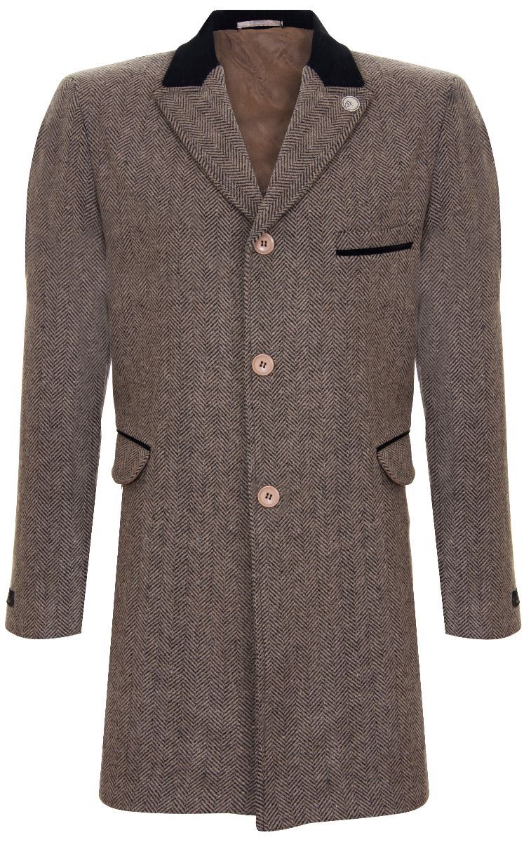 Mens 3/4 Brown Long Crombie Overcoat Jacket Herringbone Tweed Coat Peaky Blinder