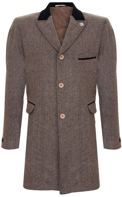 Mens 3/4 Brown Long Crombie Overcoat Jacket Herringbone Tweed Coat Peaky Blinder